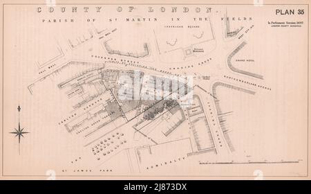 1897 estensione del centro commerciale a Trafalgar Square. Admiralty Arch 1898 vecchia mappa Foto Stock