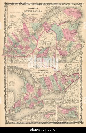 Johnson's Lower Canada e New Brunswick. Canada superiore. Grande Laghi 1862 vecchia mappa Foto Stock