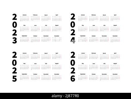 2023, 2024, 2025, 2026 anni semplici calendari orizzontali in lingua inglese, calendari tipografici in bianco Illustrazione Vettoriale