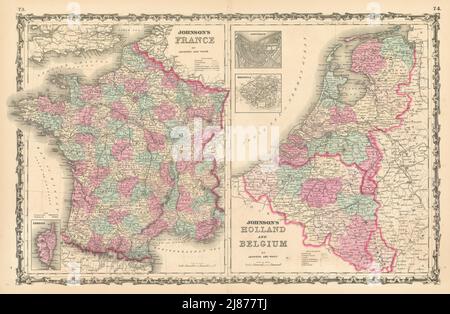 Johnson's France, Holland & Belgium. 2 mappe su un foglio 1862 antiche Foto Stock