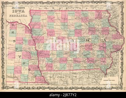 Johnson's, Iowa e Nebraska. MAPPA dello stato DEGLI STATI UNITI che mostra contee 1862 antichi Foto Stock
