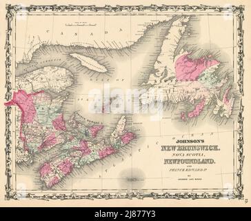 Johnson's New Brunswick, Nova Scotia, Terranova e Prince Edward Id. mappa 1862 Foto Stock