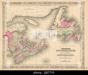 Johnson's New Brunswick, Nova Scotia, Terranova e Prince Edward Id. mappa 1867 Foto Stock