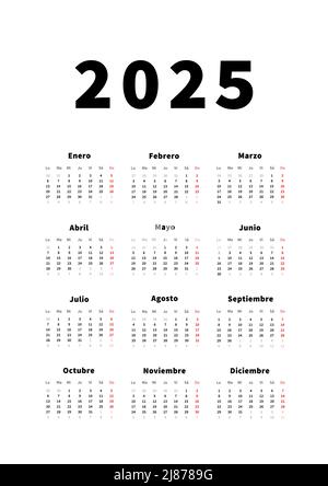 2025 anni semplice calendario verticale in lingua spagnola, calendario tipografico su bianco Illustrazione Vettoriale