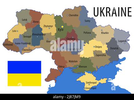 Ucraina. Mappa del territorio dello Stato ucraino diviso in regioni, che indica la capitale e i centri regionali. Mappa dei colori su un backgroun bianco Illustrazione Vettoriale