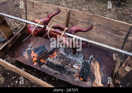 Maialino alla griglia, arrosto di maiale. Cottura di un maiale intero piccolo sul fuoco Foto Stock