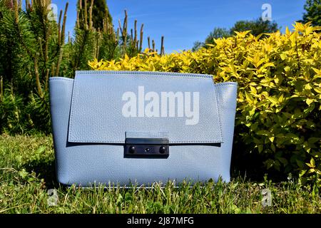 La pochette in vera pelle si avvicina in blu pallido. Vista frontale della borsa a frizione da donna. Foto Stock