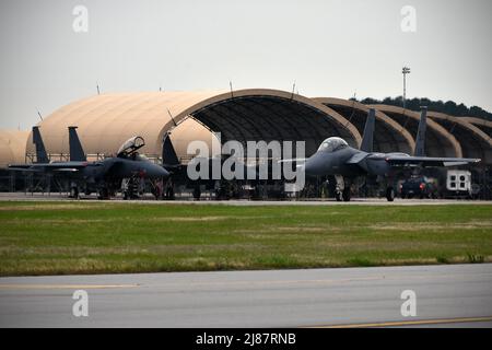 Un taxi F-15E Strike Eagle su una pista alla base dell'aeronautica militare Seymour Johnson, Carolina del Nord. La 4th Fighter Wing ospita 94 aerei F-15E Strike Eagle assegnati a due squadroni da combattimento operativi e due allenatori, che volano più di 12.000 sortie e 21.000 ore all'anno. (STATI UNITI Foto Air Force di 2D Lt. Katrina M. Heikkinen) Foto Stock