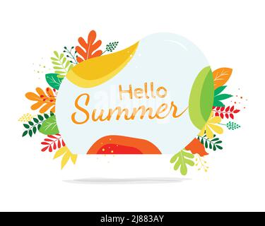 Salve banner estivo su bolla blu con illustrazione delle foglie brillanti. Illustrazione Vettoriale