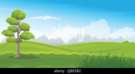 Paesaggio naturale di prato verde con catena montuosa e cielo blu nuvoloso sfondo, illustrazione vettoriale. Illustrazione Vettoriale