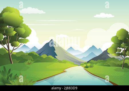 Paesaggio naturale lungo il fiume con catena montuosa all'orizzonte, cespugli verdi e paesaggio fluviale illustrazione vettoriale. Illustrazione Vettoriale