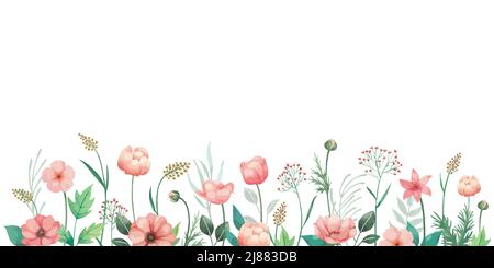 Acquerello fiori illlustration per l'invito di nozze con anemoni di corallo, germogli e foglie verdi. Fiori bordo con sfondo bianco. Illustrazione Vettoriale