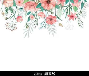 Acquerello fiori illlustration per l'invito di nozze con anemoni di corallo, germogli e foglie verdi. Fiori disposti con sfondo bianco. Illustrazione Vettoriale