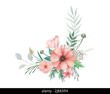 Acquerello fiori illlustration per l'invito di nozze con anemoni di corallo, germogli e foglie verdi. Fiori disposti con sfondo bianco. Illustrazione Vettoriale
