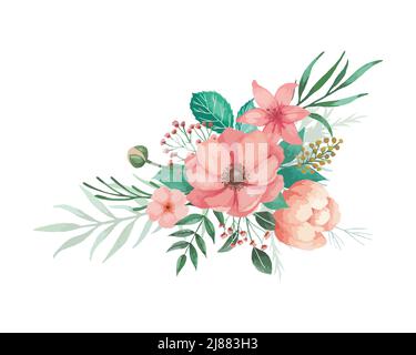 Acquerello fiori illlustration per l'invito di nozze con anemoni di corallo, germogli e foglie verdi. Fiori disposti con sfondo bianco. Illustrazione Vettoriale