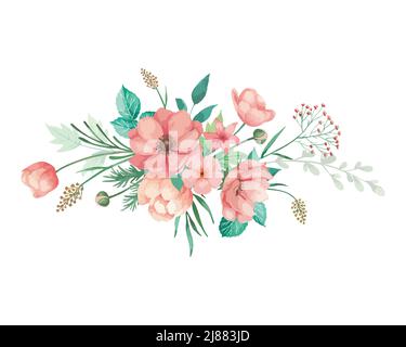 Acquerello fiori illlustration per l'invito di nozze con anemoni di corallo, germogli e foglie verdi. Fiori disposti con sfondo bianco. Illustrazione Vettoriale