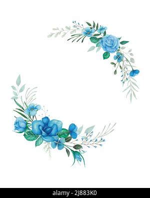 Acquerello fiori illlustration per l'invito di nozze con rose blu, germogli e foglie verdi. Cornice floreale con sfondo bianco, design decorativo. Illustrazione Vettoriale