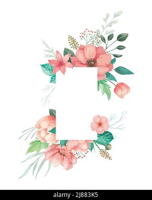 Acquerello fiori illlustration per l'invito di nozze con anemoni di corallo, germogli e foglie verdi. Cornice floreale con sfondo bianco. Illustrazione Vettoriale