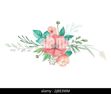 Acquerello fiori illlustration per l'invito di nozze con anemoni di corallo, germogli e foglie verdi. Fiori disposti con sfondo bianco. Illustrazione Vettoriale