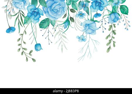 I fiori cadono con rose blu e foglie verdi. Acquerello disposizione floreale e illustrazione della composizione. Illustrazione Vettoriale
