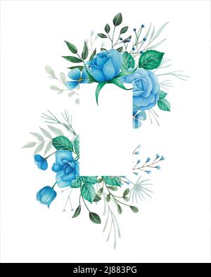 Acquerello fiori illlustration per l'invito di nozze con rose blu, germogli e foglie verdi. Cornice floreale con sfondo bianco, design decorativo. Illustrazione Vettoriale