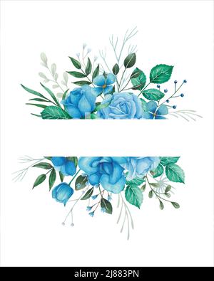 Acquerello fiori illlustration per l'invito di nozze con rose blu, germogli e foglie verdi. Cornice floreale con sfondo bianco, design decorativo. Illustrazione Vettoriale