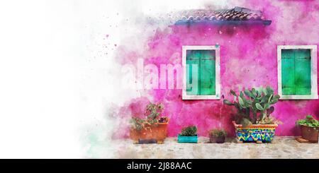 Burano, Venezia, Italia, disegno Watercolor. Bella cartolina d'arte con vista sulla strada e sulla casa di Burano Foto Stock