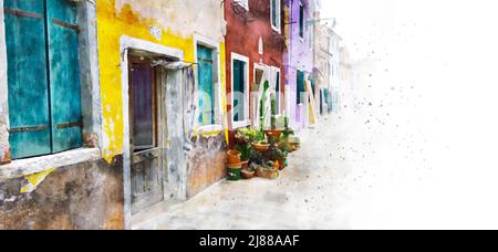 Burano, Venezia, Italia, disegno Watercolor. Cartolina d'arte con vista sulla strada e sulla vecchia casa Burano, spazio copia Foto Stock