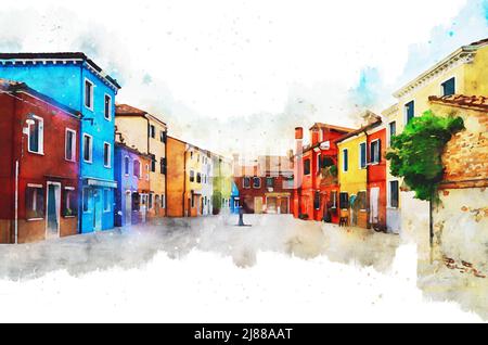 Burano, Venezia, Italia disegno acquerello. Cartolina d'arte. Splendida vista sulla piazza e vecchie case colorate. Via della vecchia città europea Foto Stock