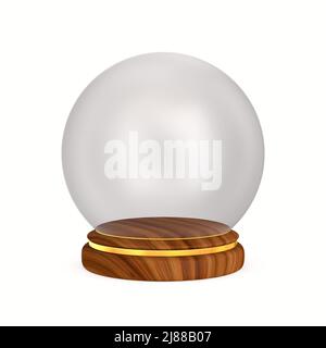 cupola in vetro su podio in legno. Illustrazione 3D isolata su sfondo bianco Foto Stock