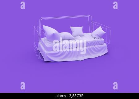 Scena interna viola. La scena è arredata con un divano bianco. Pagina Web, presentazione o sfondo dell'immagine. 3d rendering. Foto Stock