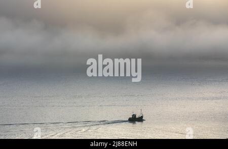 Crosshaven, Cork, Irlanda. 14th maggio 2022. La barca da pesca Olan si avvia verso il terreno di pesca quando la nebbia marina inizia a dissiparsi a Crosshaven, Co. Cork, Irlanda. - Credit; David Creedon / Alamy Live News Foto Stock