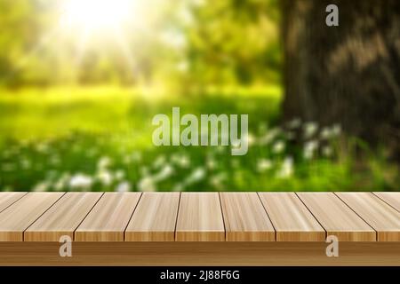 Piano tavolo e la natura sfocata dello sfondo. Scrivania in legno di spazio libero per la vostra decorazione e paesaggio estivo di lago e foglie verdi Foto Stock