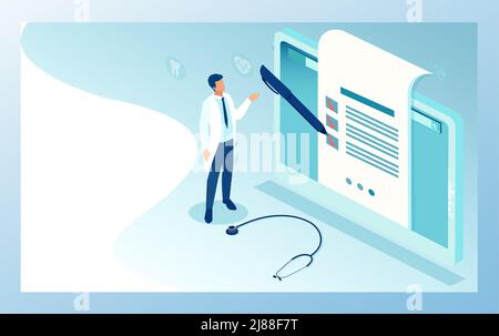 Applicazione di assicurazione sanitaria e il medico di famiglia check up concetto Illustrazione Vettoriale