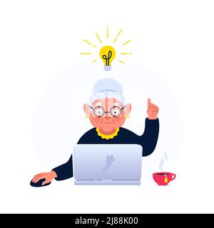 Nonna carina che lavora su un computer portatile. Donna anziana con lampadina sopra la testa e la mano con un dito indice esteso seduto davanti ad un lappone Illustrazione Vettoriale