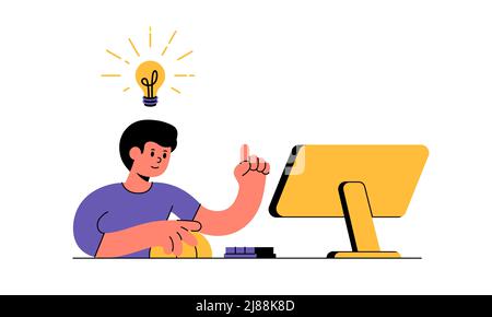 L'uomo sta lavorando ad un calcolatore, usa un mouse del calcolatore e digitando sulla tastiera e l'idea viene a lui nella forma di figura vettoriale astratta della lampadina sim Illustrazione Vettoriale