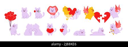 Cartone animato carino gatto e cane in diverse pose per San Valentino biglietto di auguri o adesivo Illustrazione Vettoriale