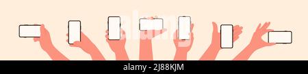 Tenere a mano il telefono cellulare nel palmo in posizione orizzontale e verticale con schermo vuoto in diverse posizioni immagine vettoriale impostata in stile piatto Illustrazione Vettoriale