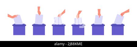 La mano piatta fa cadere un foglio vuoto nel set di illustrazioni vettoriali. Il concetto di voto o di posta Illustrazione Vettoriale