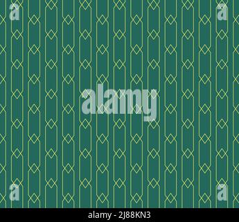 Vintage motivo geometrico senza cuciture con rombo incrociato. Stile retrò verde con contorno dorato per sfondo da tappezzeria Illustrazione Vettoriale