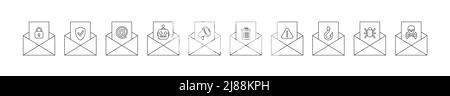 Busta e-mail con set di righe con opzioni di lettere da protetto al virus pericoloso, impostare illustrazione vettoriale Illustrazione Vettoriale
