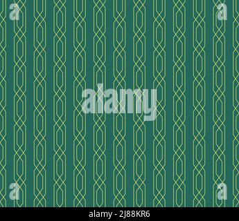 Motivo geometrico retrò senza cuciture con rhombus a linee incrociate. Stile vintage Golden Outline per sfondo verde Illustrazione Vettoriale