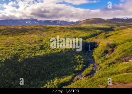 Veduta aerea della cascata dello Svartifoss nel Parco Nazionale Vatnajokull, Islanda Foto Stock