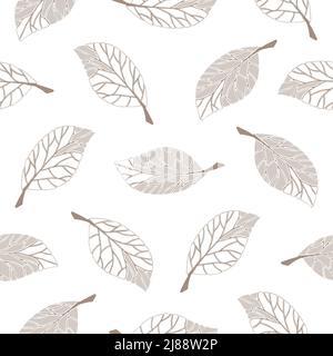 Pattern vettoriale senza giunture con foglie in caduta su sfondo bianco. Carta da parati dal design romantico e semplice. Decorativo foresta texture tessile moda. Illustrazione Vettoriale