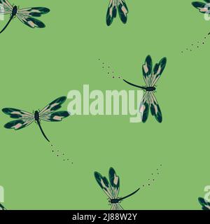 Pattern vettoriale senza giunture con libellule su sfondo verde. Semplice insetto carta da parati design. Eleganza tessile moda moderna. Illustrazione Vettoriale