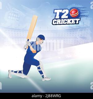 Sticker Style T20 Cricket Font con battitore Player in posa di gioco su Abstract Blue Shiny Stadium sfondo. Illustrazione Vettoriale