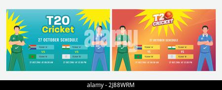 T20 Cricket Match Schedule Banner Design con i giocatori Cartoon Cricketer in due opzioni colore. Illustrazione Vettoriale