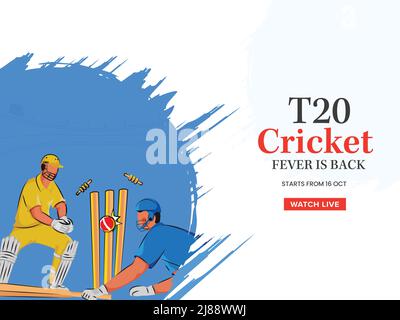 T20 la febbre del cricket è font posteriore con il concetto di battitore di run out, guardiana del wicket che colpisce la sfera per colpire su sfondo blu e bianco. Illustrazione Vettoriale