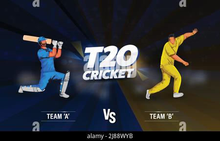 T20 Banner Design Cricket con battitore senza volto, giocatore Bowler della squadra a VS B partecipante su sfondo blu e marrone. Illustrazione Vettoriale