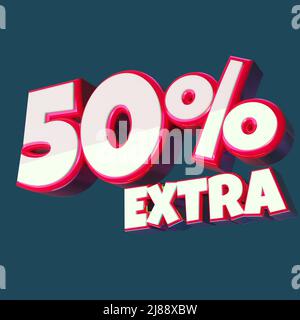 3D 50% in più. Testo extra brillante e creativo al 3D 50% con colore bianco e rosso. 50% di sconto. numeri rossi. sfondo rossastro. per promozioni e offerte. Foto Stock